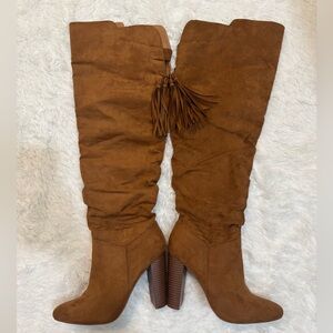 Justfab Faux Suede Knee High Boots Fringe Women’s Size 8 Brown